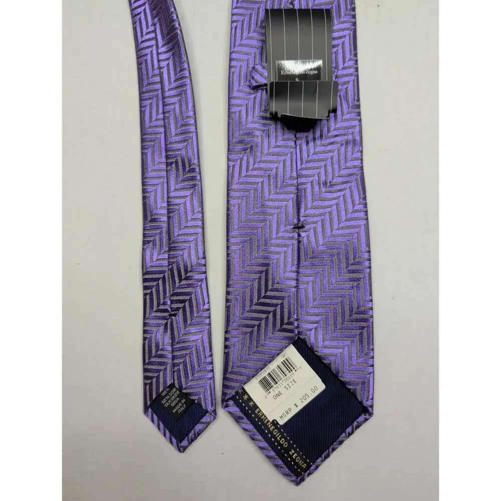 NWT Ermenegildo Zegna Italian Silk Necktie Purple Gray Chevron Herringbone 58